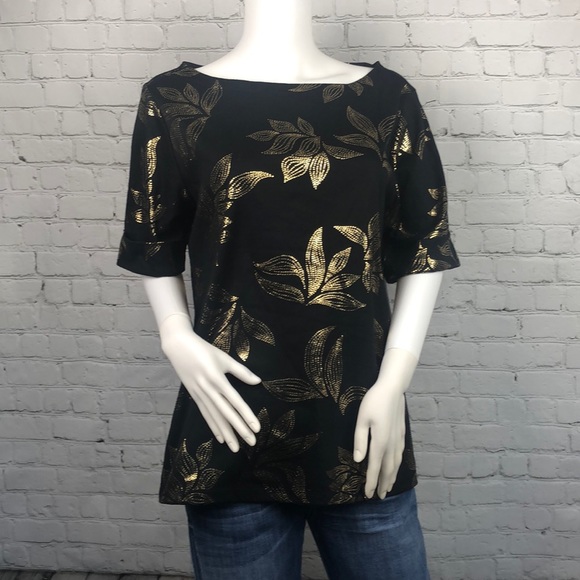 Karen Scott Tops - Karen Scott Black/Gold Boatneck Cuff Top 0X 1X 2X